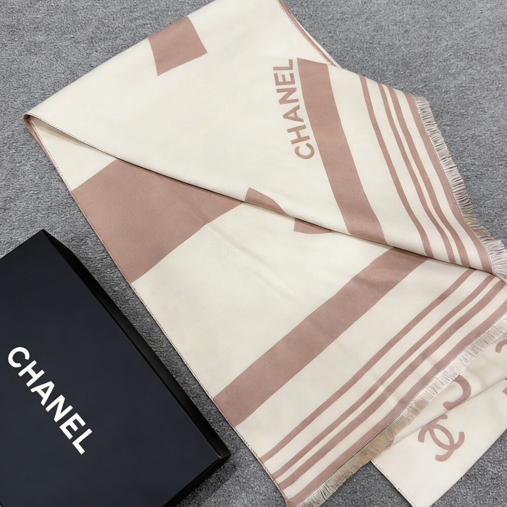 CHANEL Taupe Cream Stripe CC Logo Scarf - Picture 3 of 4